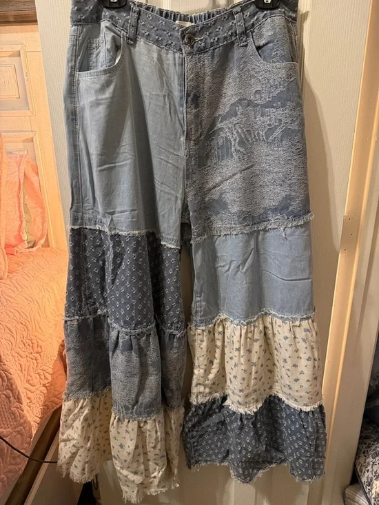 POL Patchwork Flare Boho Pants in Light Blue and Cream - Picture 1 of 10